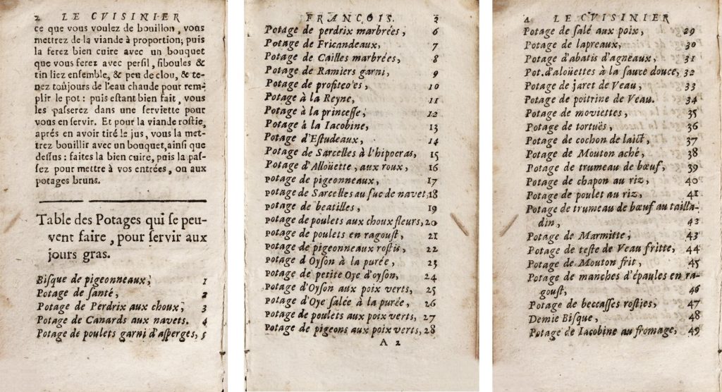 Tabelle der Suppen. Aus: La Varenne, François Pierre de. Le Cuisinier François. Ausgabe von 1689.