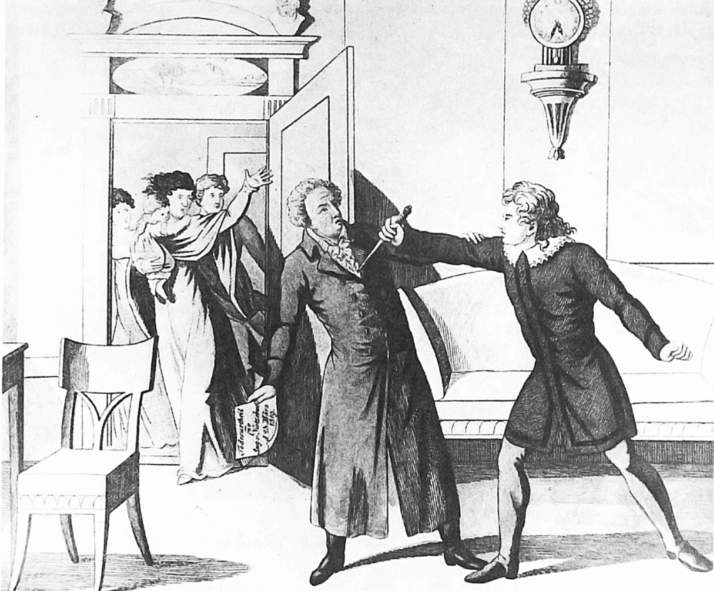 Die Ermordung August von Kotzebues durch den Burschenschaftler Karl Ludwig Sand am 23. März 1819. Kupferstich von Karl Anton Eisen (o.J.).